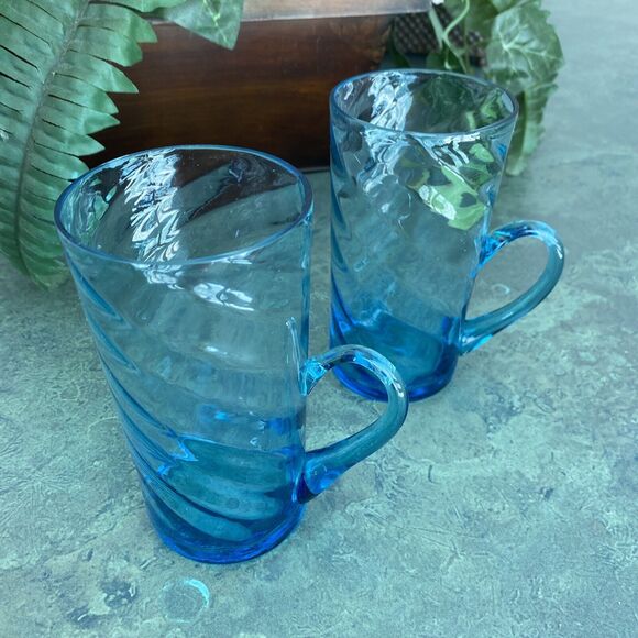 Vintage hand blown blue Irish coffee handled glasses unique swirl display flaws - Picture 2 of 10